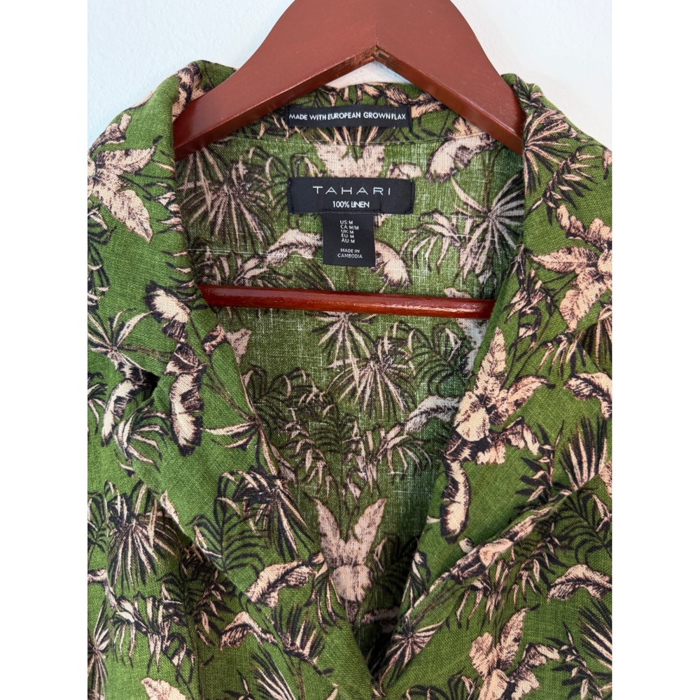 Tahari 100% Linen Green Botanical Print Top Women M Cropped Boxy Button Front - Picture 3 of 8